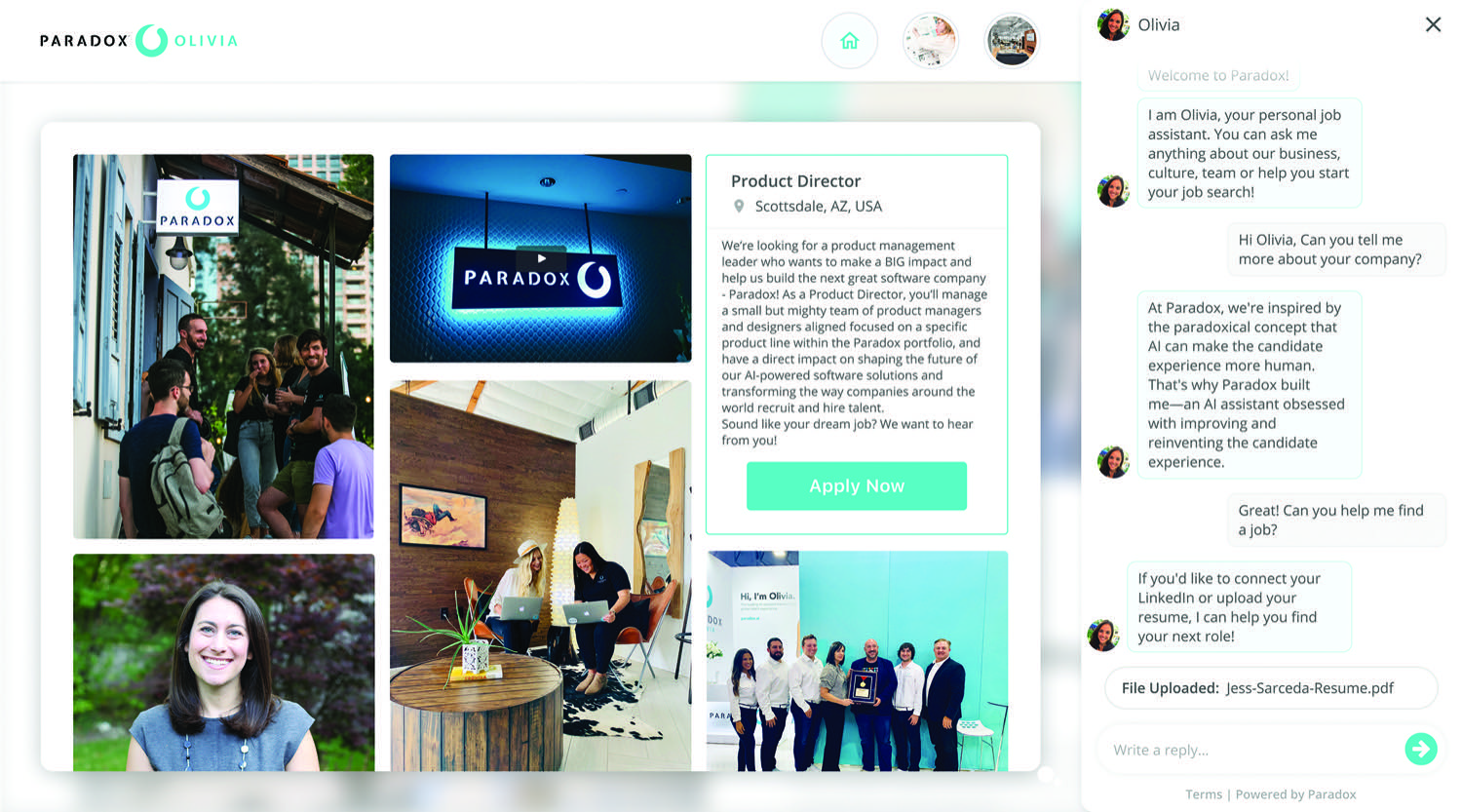 The award-winning Experience Assistant: a Paradox career site with Olivia guiding a candidate through a role.