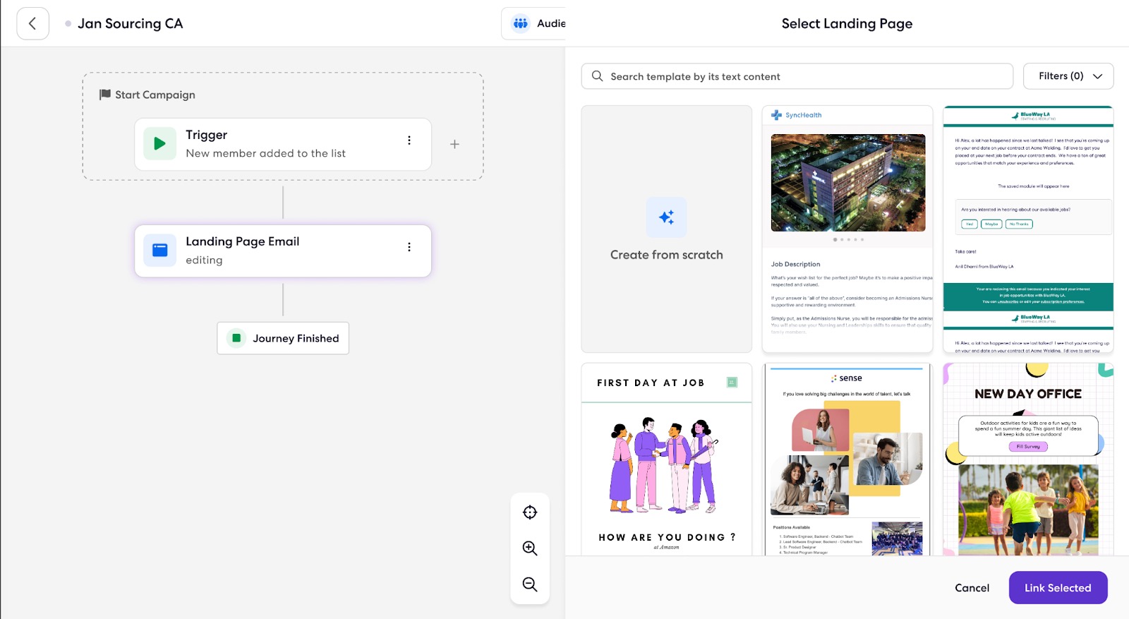 Sense's campaign and journey builder with AI-assisted landing-page templates.