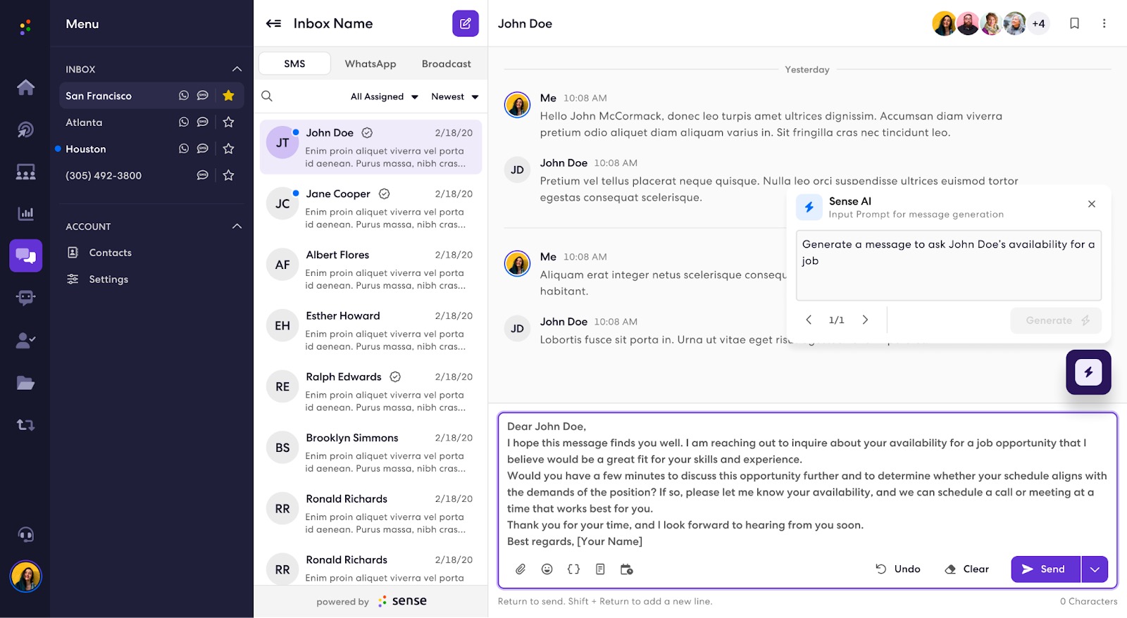 Sense AI generating a personalized candidate outreach message in the omni-channel inbox.
